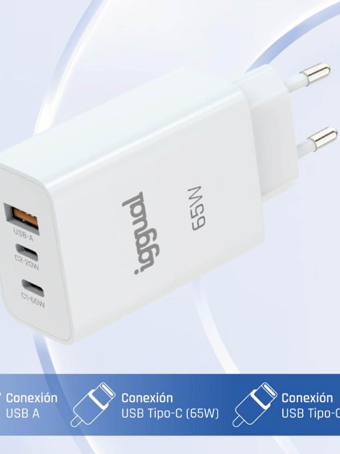 iggual Cargador triple USB-A + 2 x tipo C GaN 65W 1
