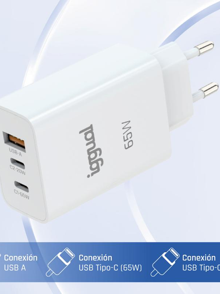 iggual Cargador triple USB-A + 2 x tipo C GaN 65W 1
