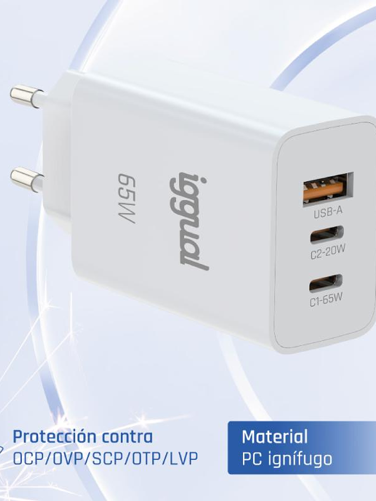 iggual Cargador triple USB-A + 2 x tipo C GaN 65W 3