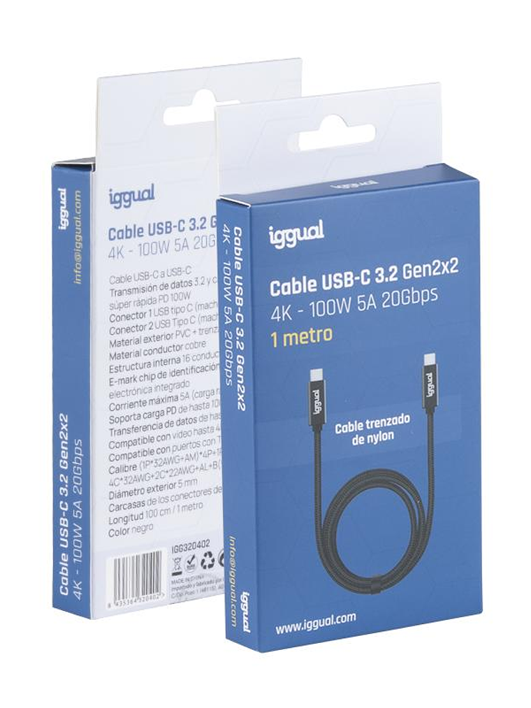 iggual Cable USB-C 3.2 Gen2x2 100W 5A 4K 1m nylon 4