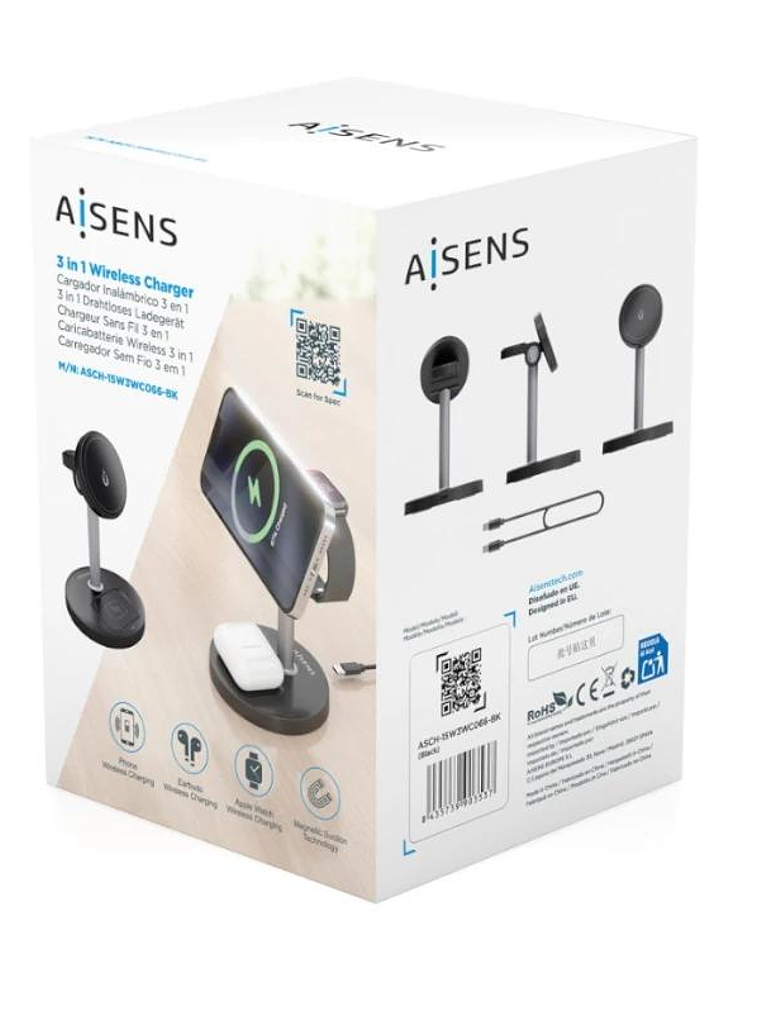 Aisens Cargador Inalámbrico USBC 15W 3 en 1 Negro 3