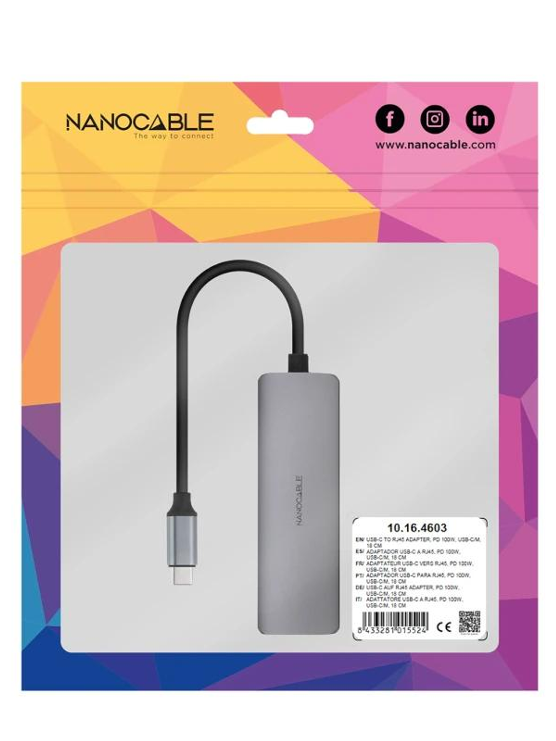 Nanocable Conversor USB-C Ethernet carga PD 4