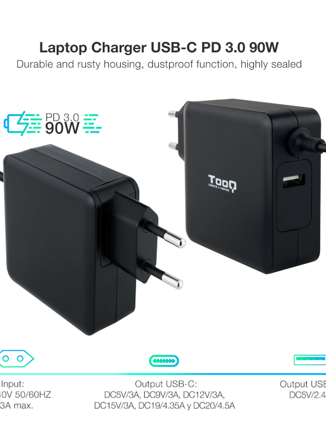 Tooq Cargador portátil conector USB-C 90W 2