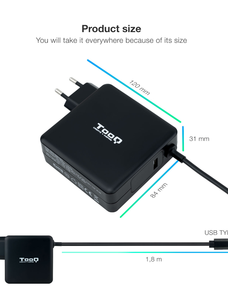 Tooq Cargador portátil conector USB-C 90W 3