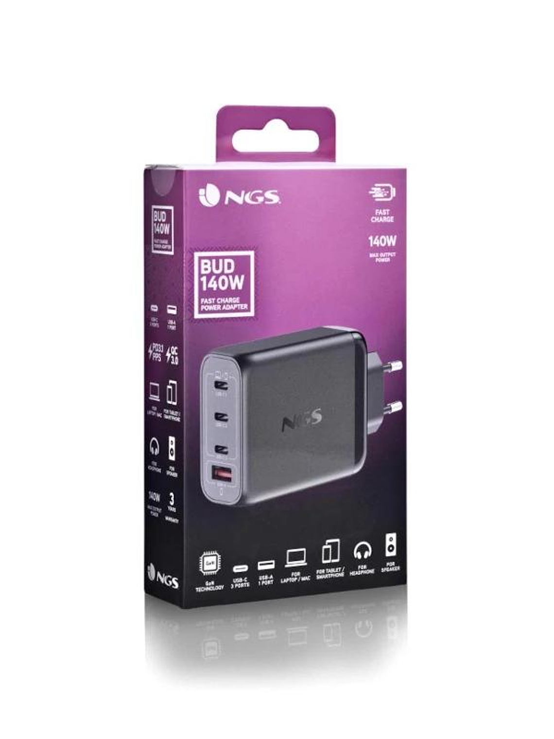 NGS CARGADOR ULTRARAPIDO140W 4 PUERTOS 3USB-C 1 US 3
