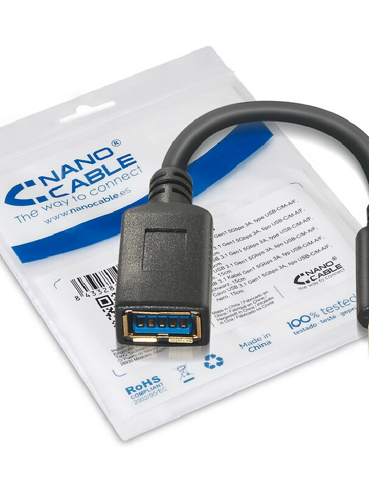 Nanocable Cable USB 3.1 Gen1 3A, USB-C/M-A/F, 15cm 2