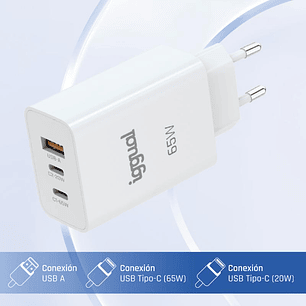 iggual Cargador triple USB-A + 2 x tipo C GaN 65W