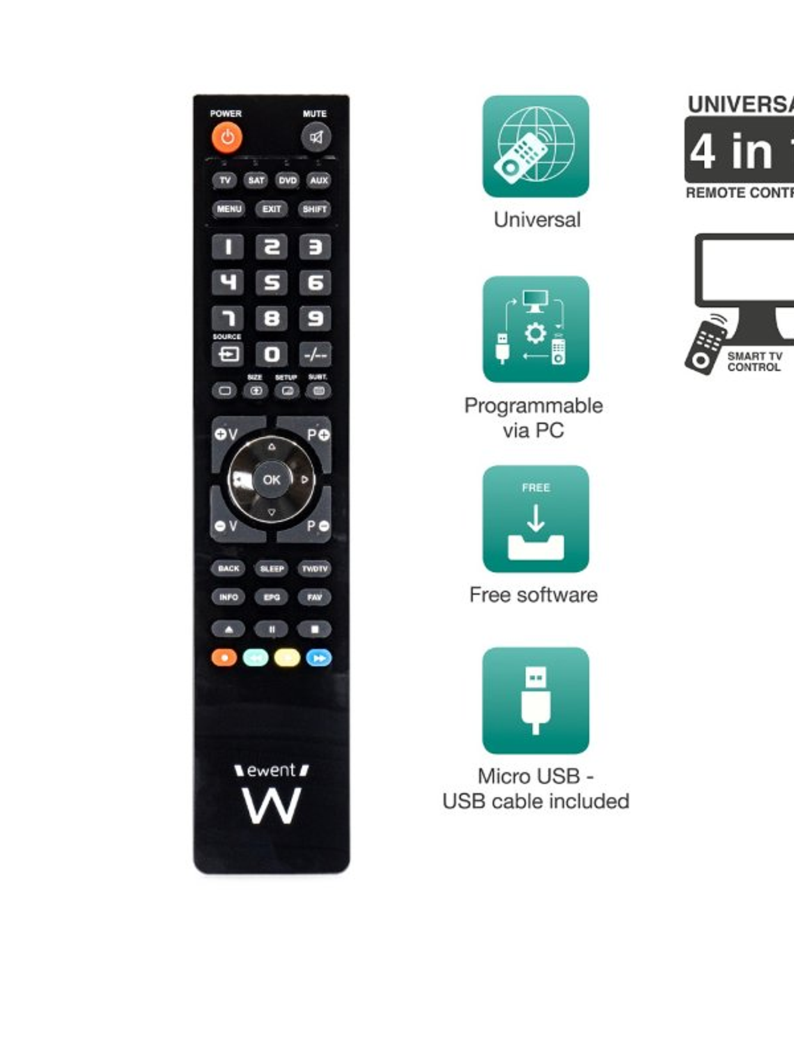 EWENT EW1570 Mando TV 4 en 1 programable x cable 4