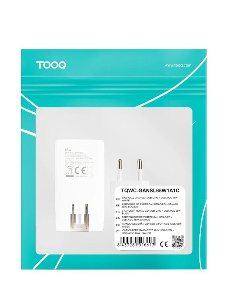 Tooq Cargador pared GAN USB-C/PD + USB-A/QC 65W 4