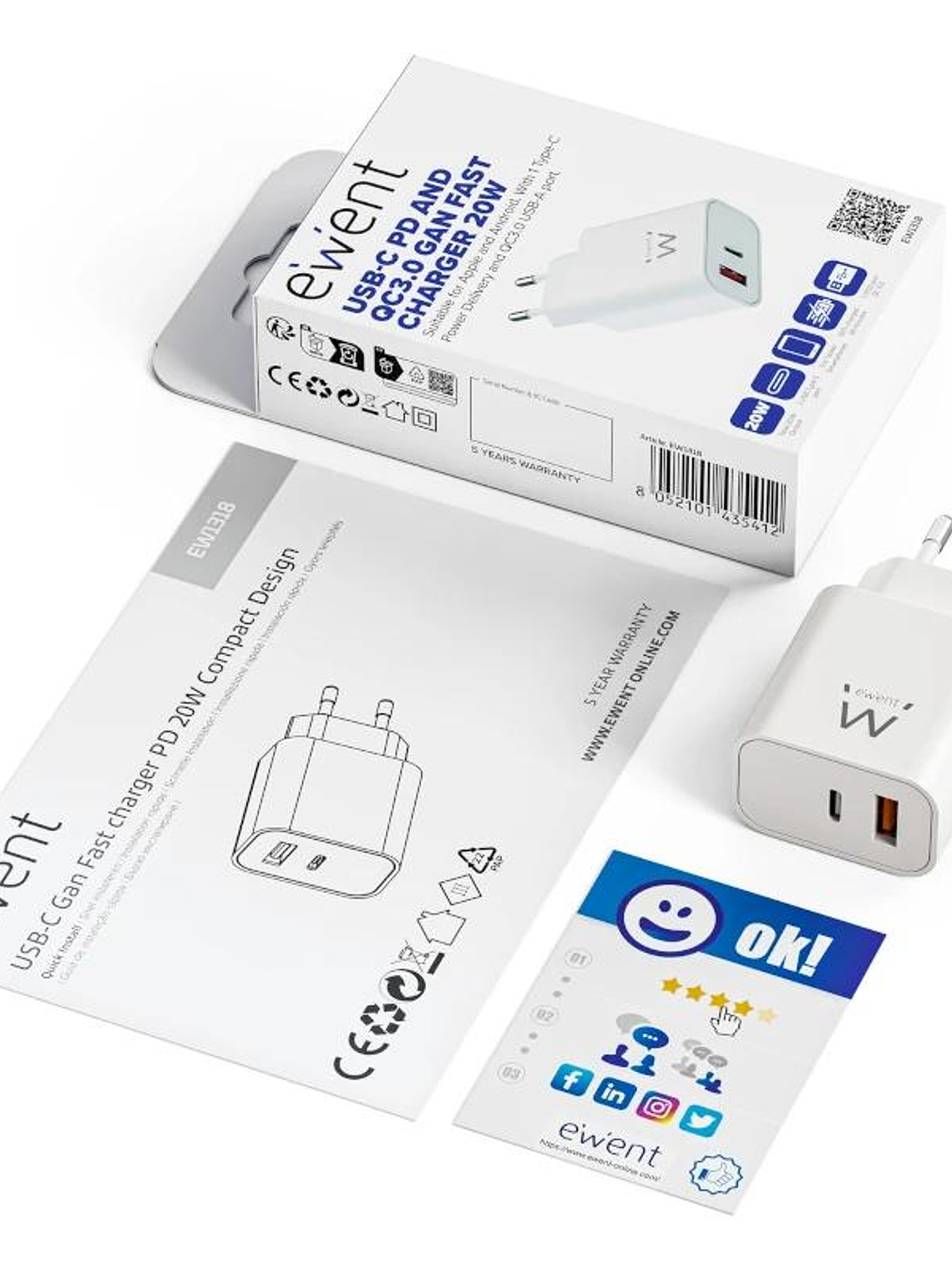 EWENT EW1318 Cargador rápido USB-C PD 20W USB-A QC 2