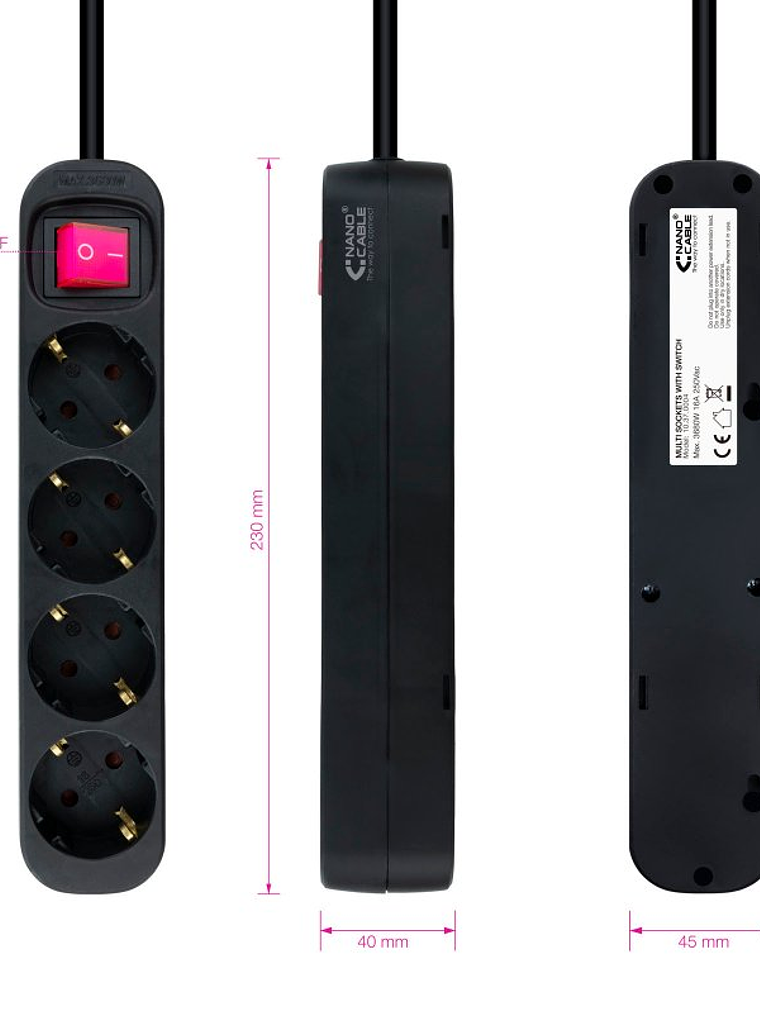 Nanocable Regleta 4 tomas con interruptor Negro 2