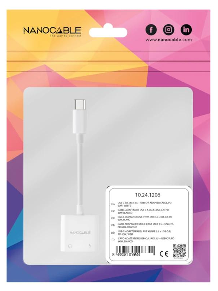 Nanocable Adaptador USB-C a Jack+USB-C/H PD 60W 3