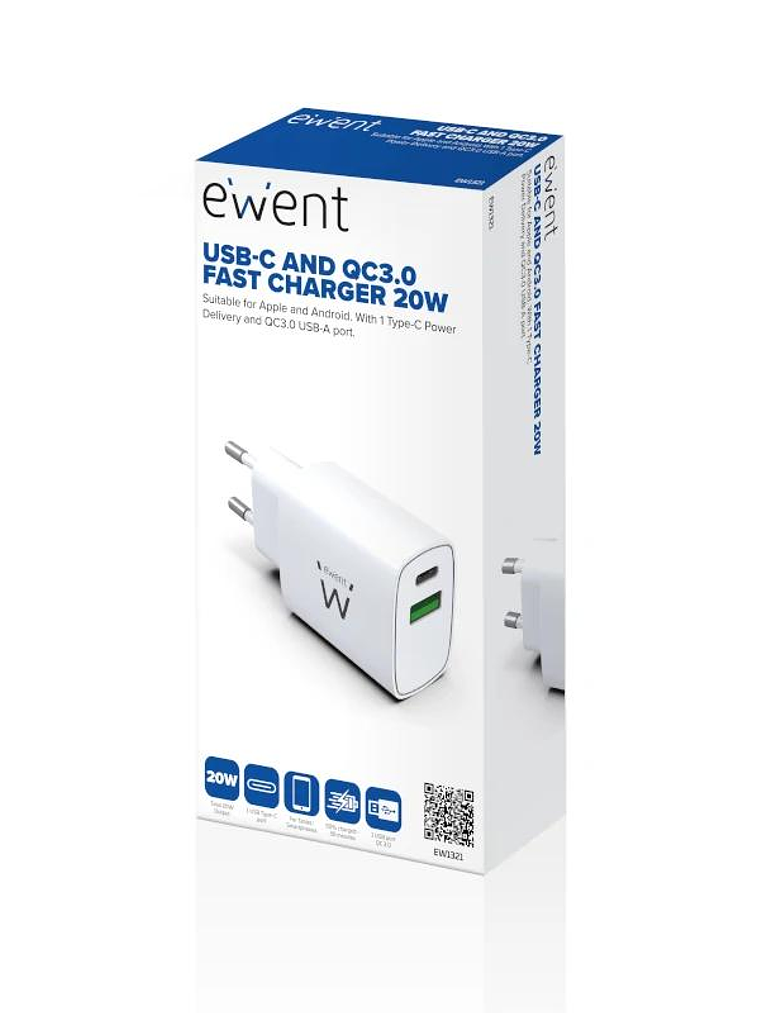 EWENT Cargador rapido Q3 20w Usb-C y Usb-A 4
