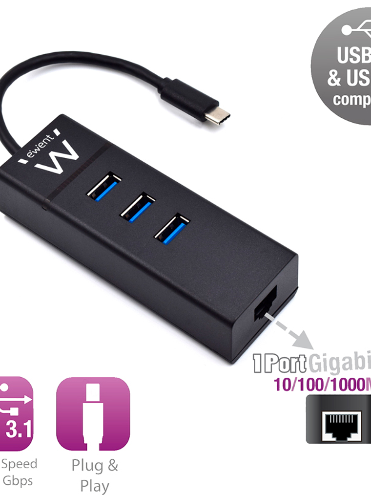 EWENT EW1141 Hub Tipo-C 3Pts.USB 3.1+1pto. GIGABIT 2