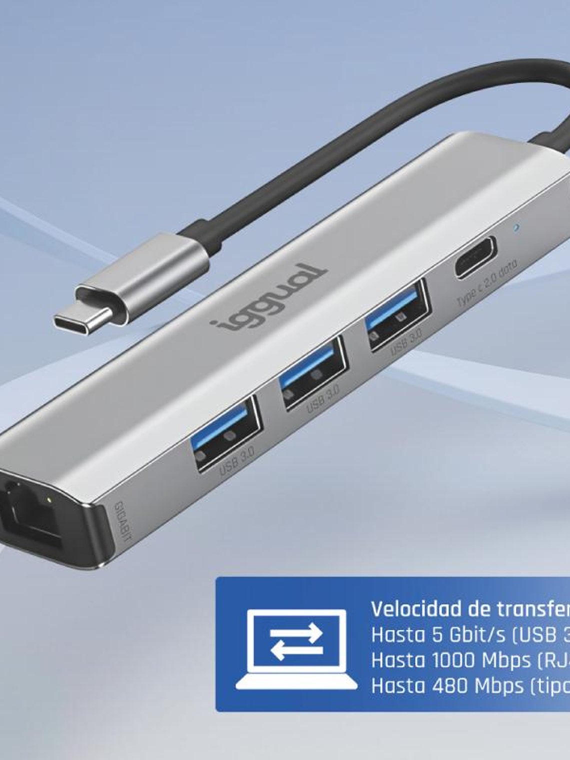 iggual Hub tipo C 5 puertos 3xUSB + RJ45 + tipo C 3