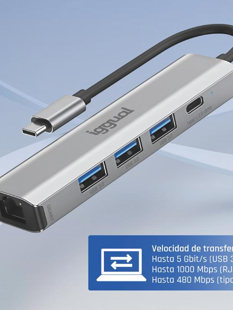 iggual Hub tipo C 5 puertos 3xUSB + RJ45 + tipo C 3