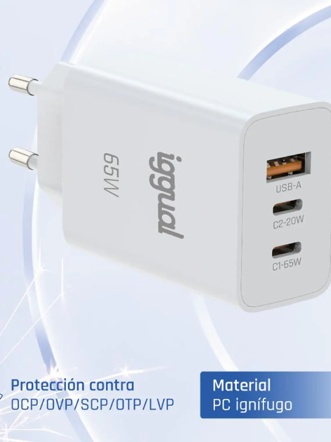 iggual Cargador triple USB-A + 2 x tipo C GaN 65W 3
