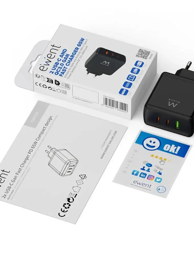 EWENT Cargador Gan Fast 65W 2 USB-C PD-1USB-A QC 2
