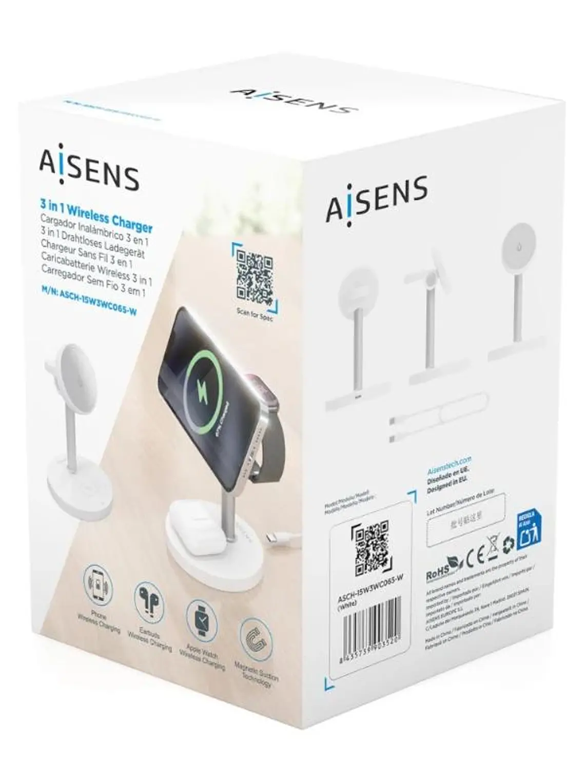 Aisens Cargador Inalámbrico USBC 15W 3 en 1 Blanco 4