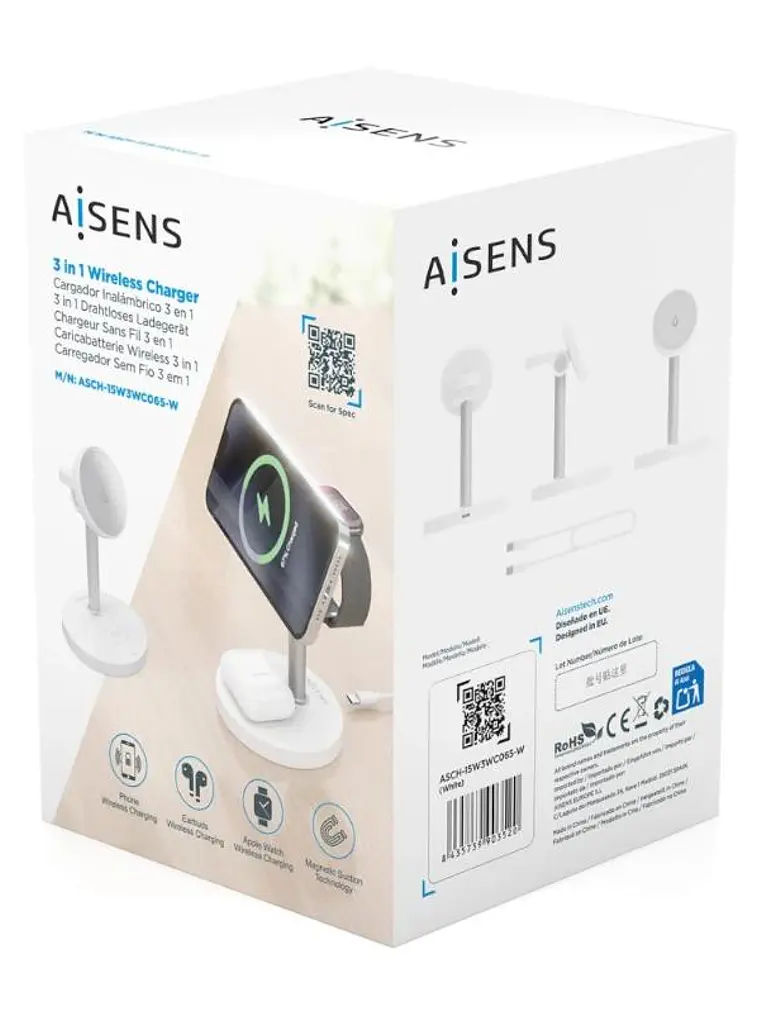 Aisens Cargador Inalámbrico USBC 15W 3 en 1 Blanco 4