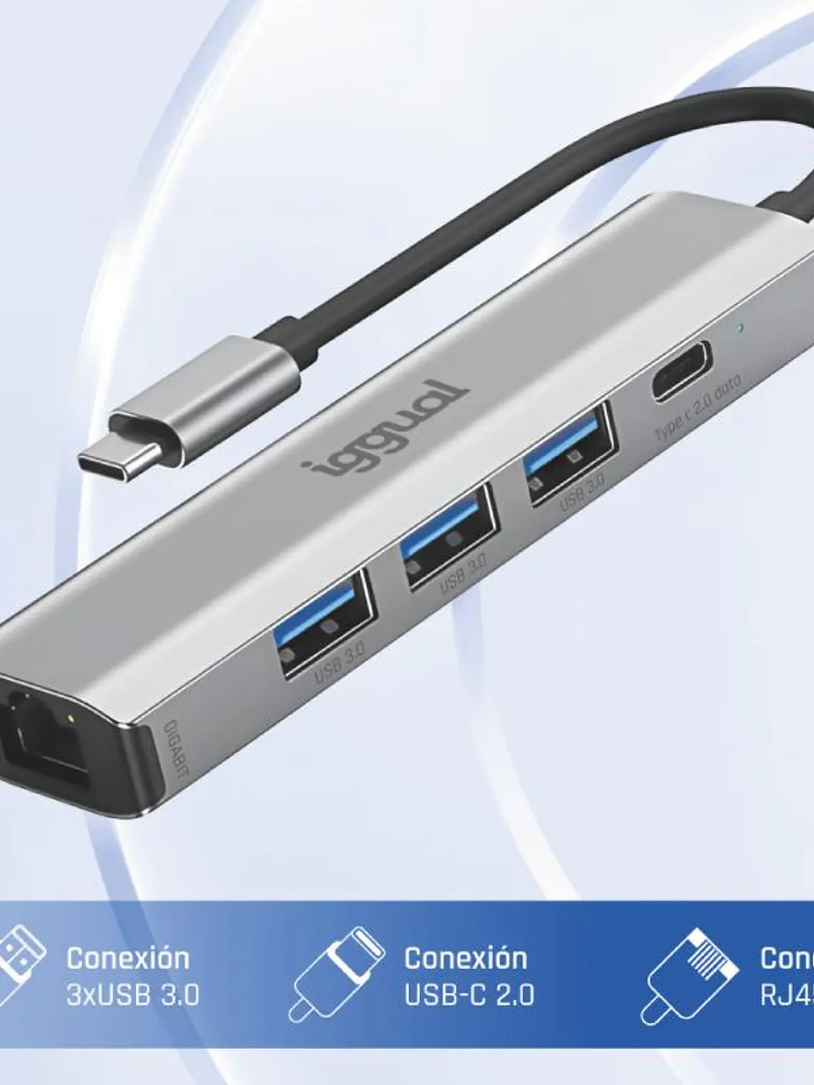 iggual Hub tipo C 5 puertos 3xUSB + RJ45 + tipo C 2