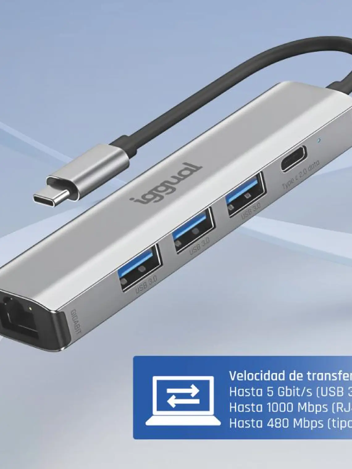 iggual Hub tipo C 5 puertos 3xUSB + RJ45 + tipo C 3