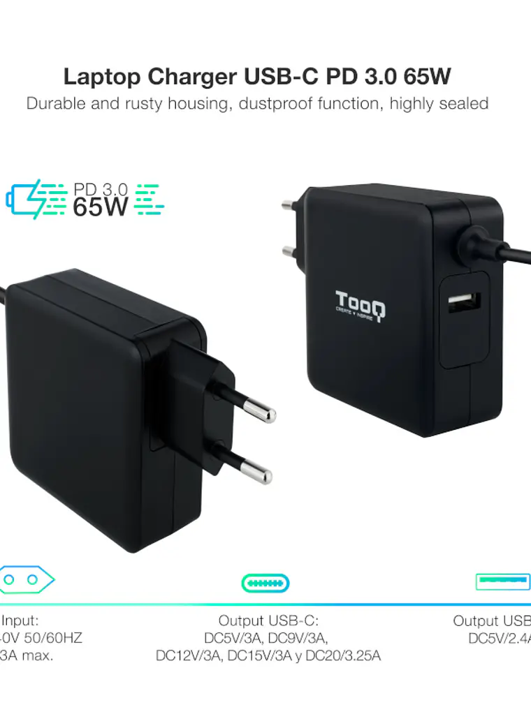 Tooq Cargador portátil conector USB-C 65W 2
