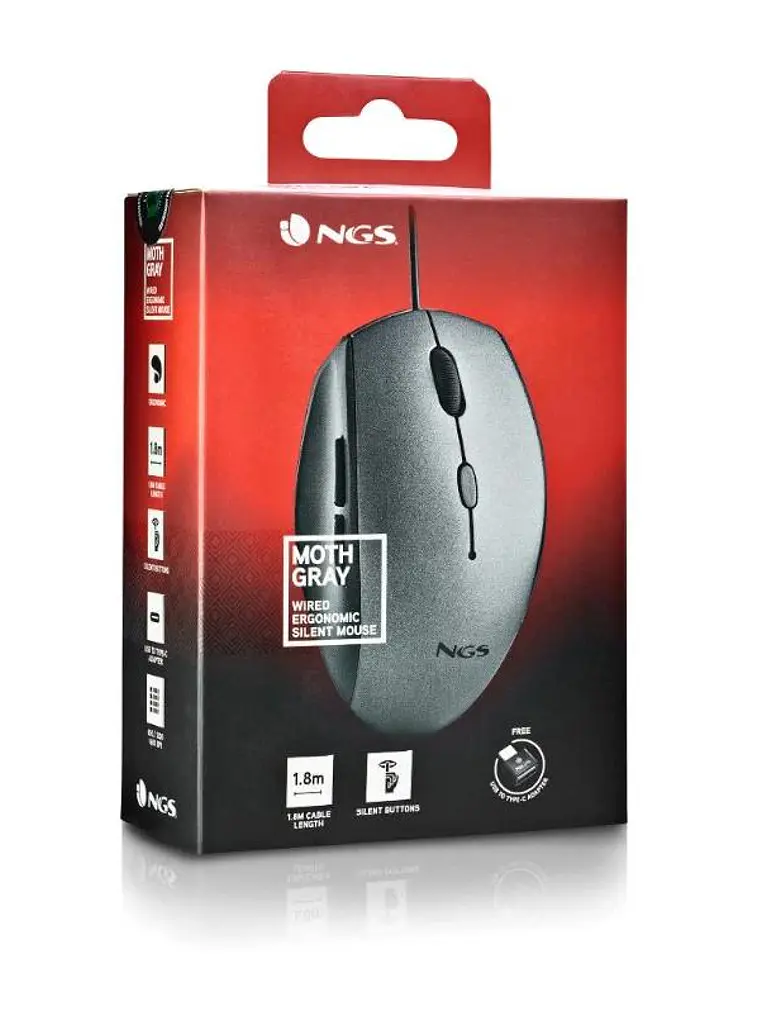 NGS WIRED ERGO SILENT MOUSE + USB TYPE C ADAP GRAY 2