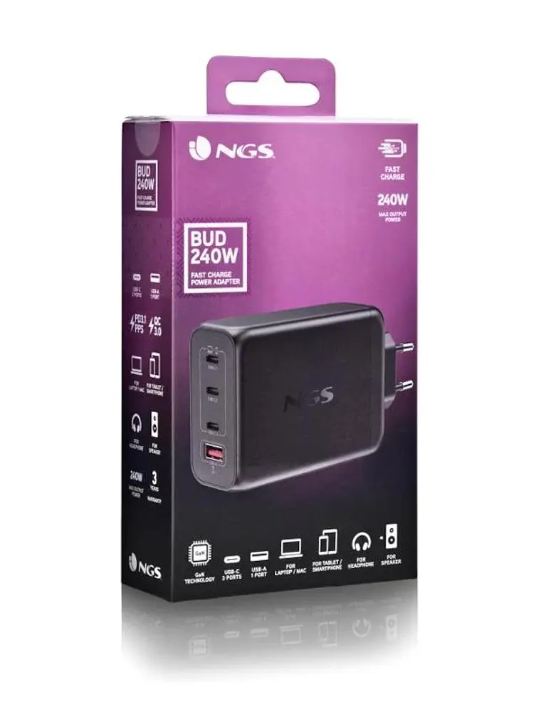 NGS CARGADOR ULTRARAPIDO240W 4 PUERTOS 3USB-C 1 US 4