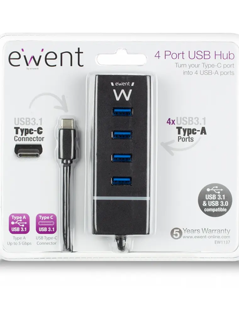 Ewent E1137 HUB USB TIPO C 4 PUEROS USB 3.1 2