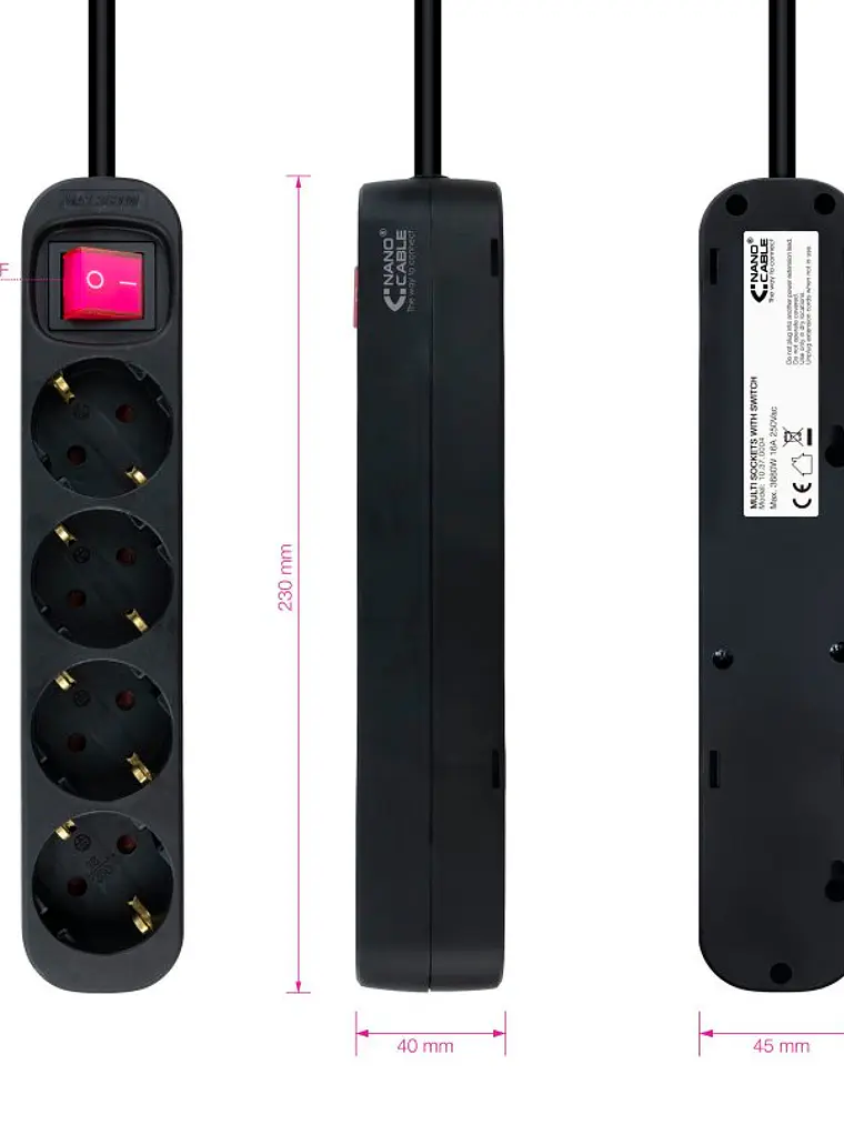 Nanocable Regleta 4 tomas con interruptor Negro 2