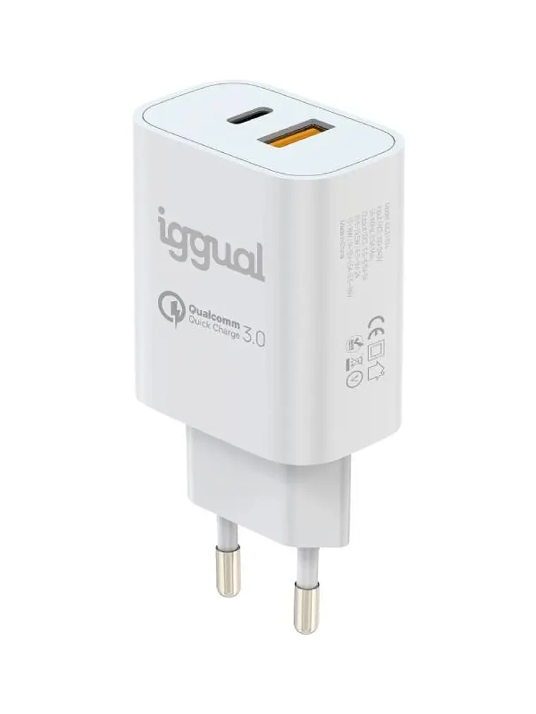 iggual Cargador doble USB QC3.0 + tipo C PD 20W 2