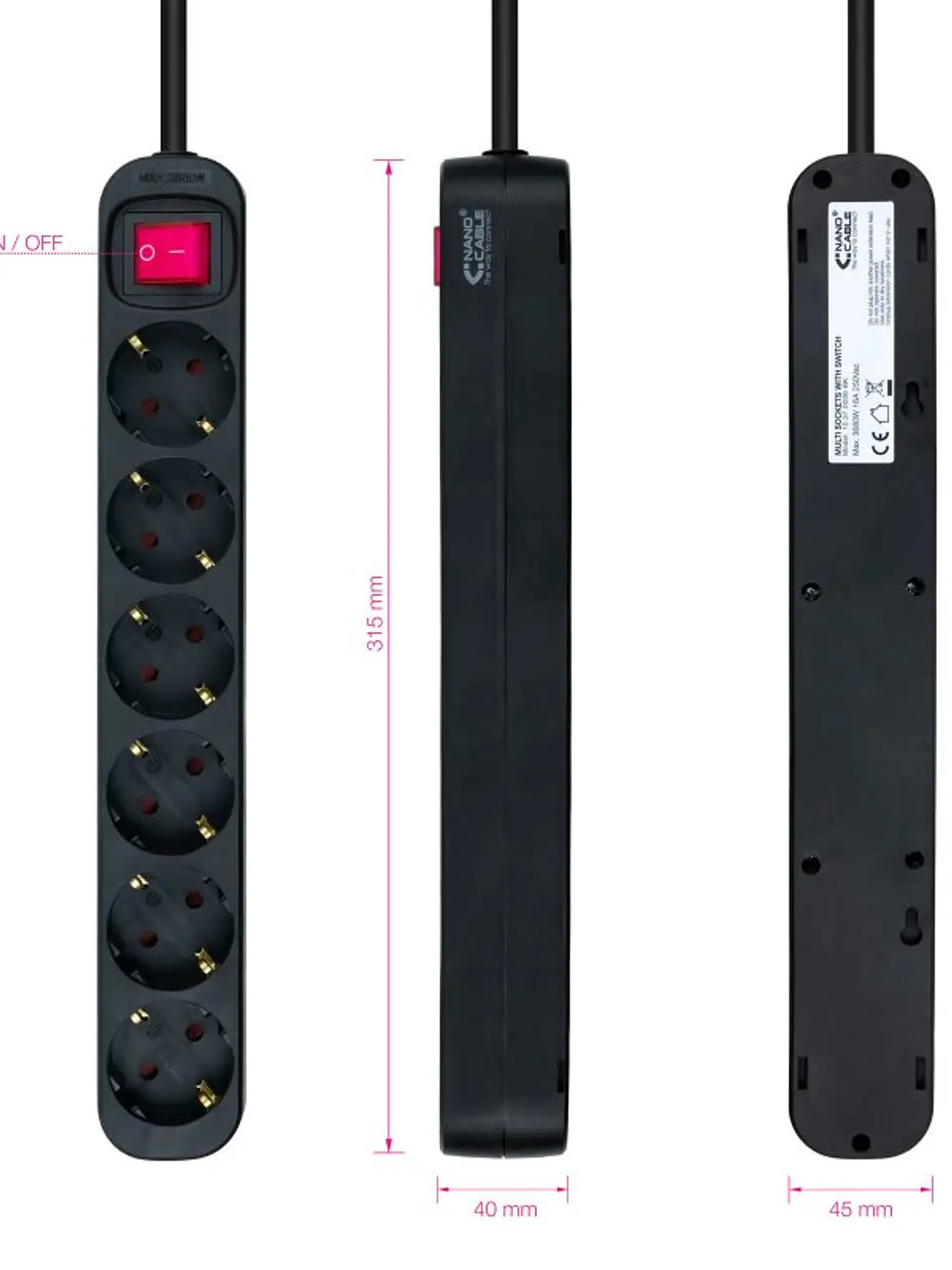 Nanocable Regleta 6 tomas con interruptor Negro 2