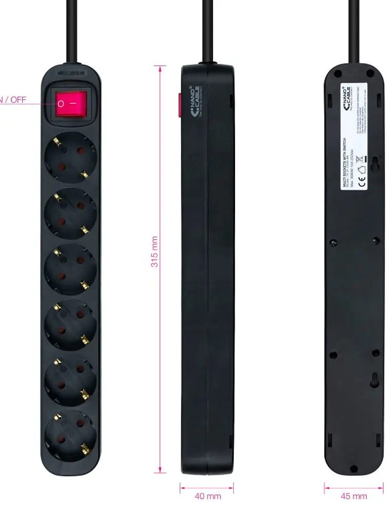 Nanocable Regleta 6 tomas con interruptor Negro 2