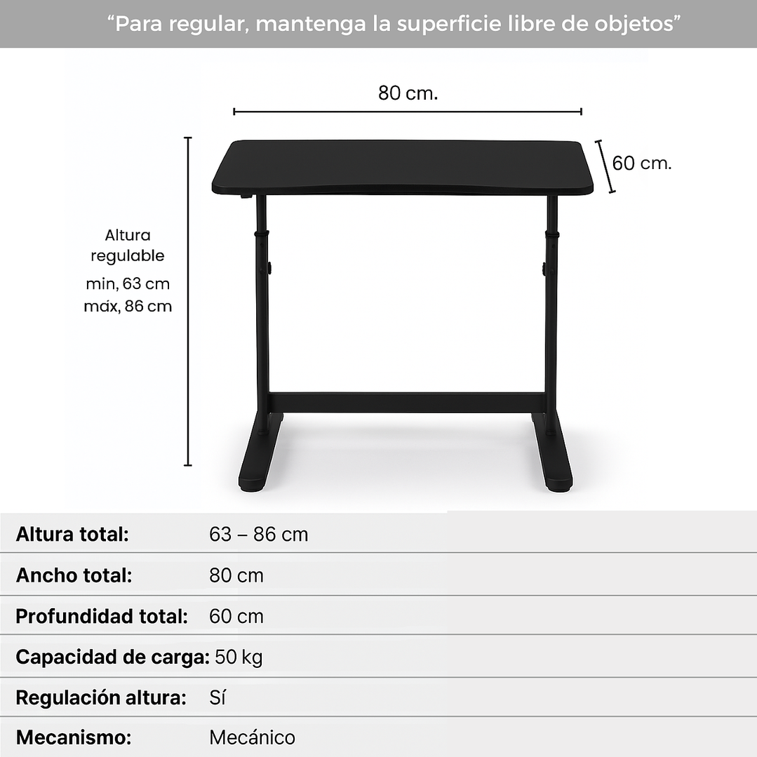Escritorio Funcional Altura Ajustable 80x60x63-86cm Negro 3