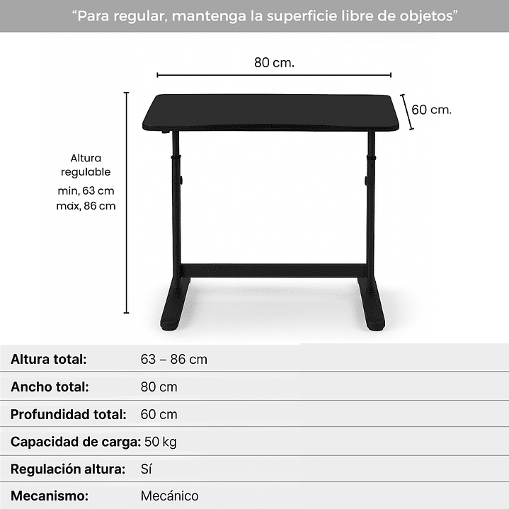 Escritorio Funcional Altura Ajustable 80x60x63-86cm Negro 3