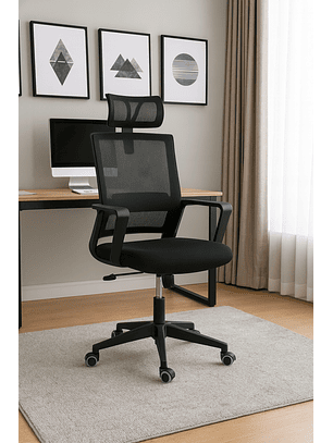 Silla de Oficina para Escritorio Mesh con Apoyacabeza Negra