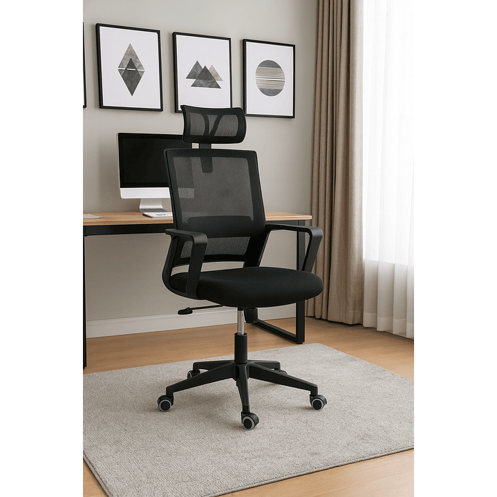 Silla de Oficina para Escritorio Mesh con Apoyacabeza Negra 1