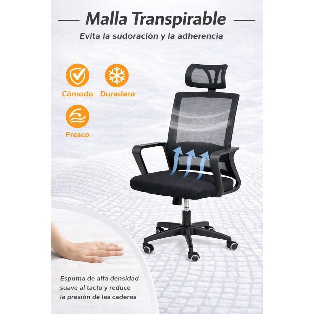 Silla de Oficina para Escritorio Mesh con Apoyacabeza Negra 4