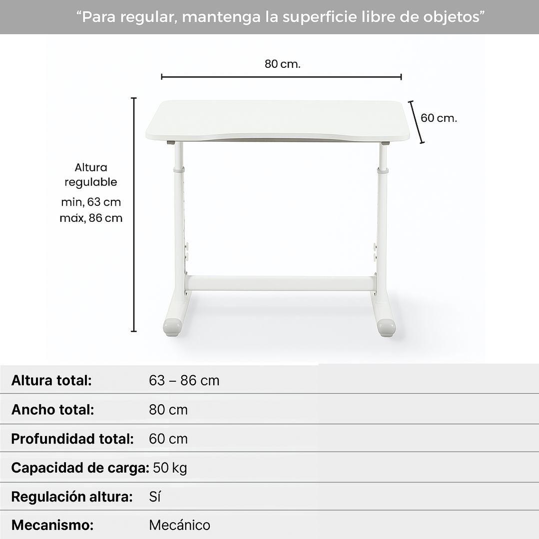 Escritorio Funcional Altura Ajustable 80x60x63-86cm Blanco 3
