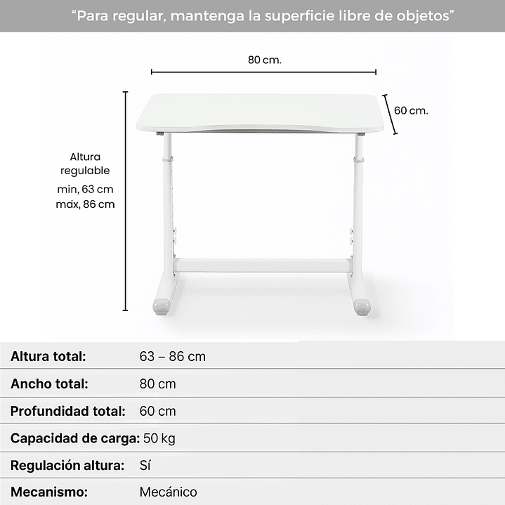 Escritorio Funcional Altura Ajustable 80x60x63-86cm Blanco 3