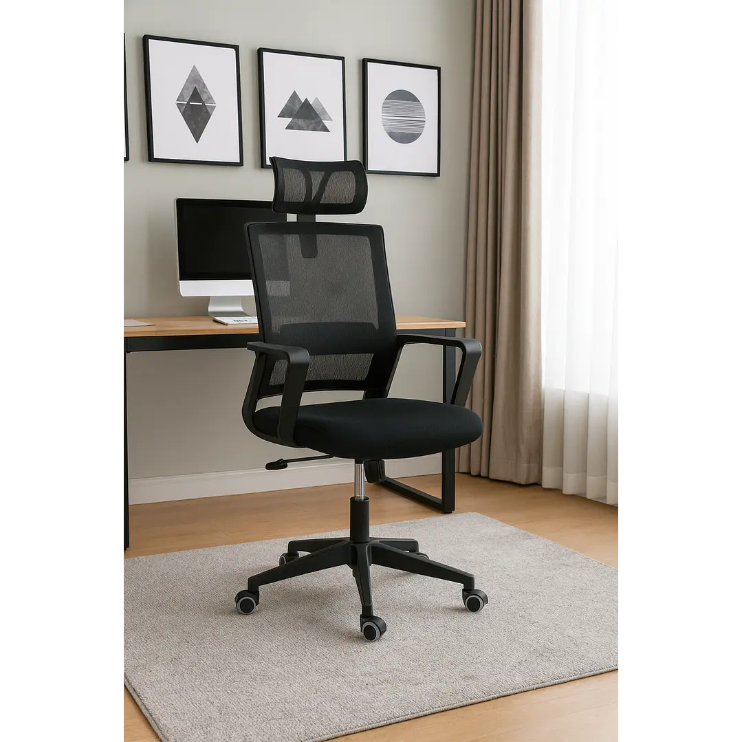 Silla de Oficina para Escritorio Mesh con Apoyacabeza Negra 1