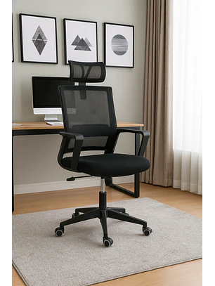 Silla de Oficina para Escritorio Mesh con Apoyacabeza Negra