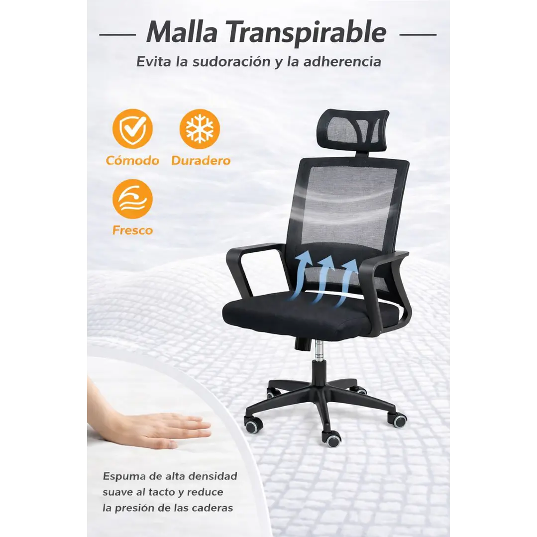 Silla de Oficina para Escritorio Mesh con Apoyacabeza Negra 4