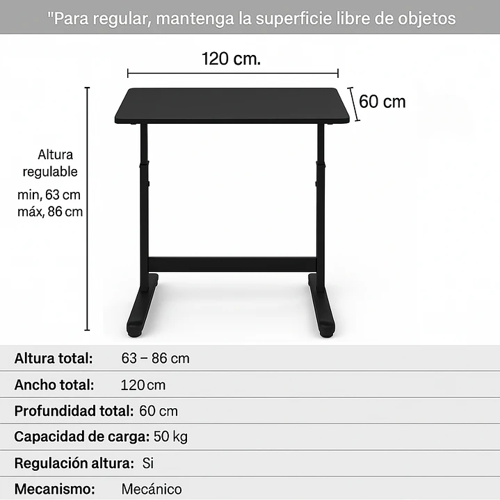 Escritorio Funcional Altura Ajustable 120x60x63-86cm Negro 3