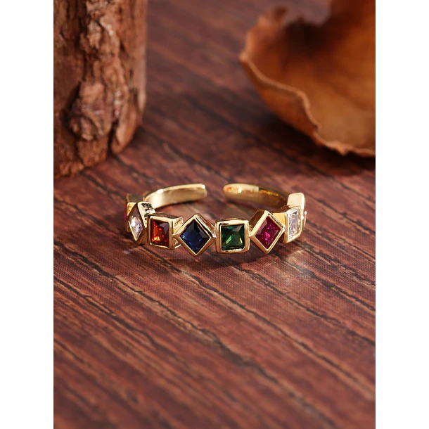 Anillo estilo vintage conpiedras sintéticas de colores en cortes varios en cobre chapado en oro 1
