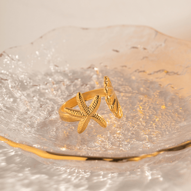 Anillo de mar con estrella y concha en acero inoxidable chapado en oro amarillo ajustable 4
