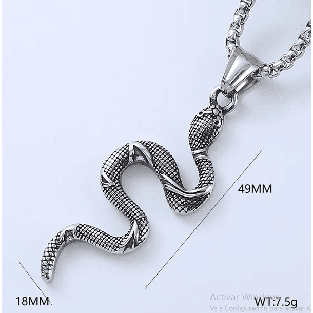 Collar para hombre con dije de serpiente en acero inoxidable plateado antiguo