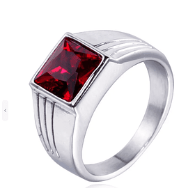 Anillo de hombre con rubí de imitación montado a bisel en acero titanio plateado antiguo