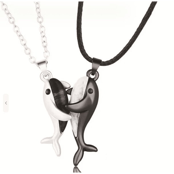 Collar de enamorados con ballena para parejas estilo San Valentín en aleación y otros materiales (una dorada y otra negra)